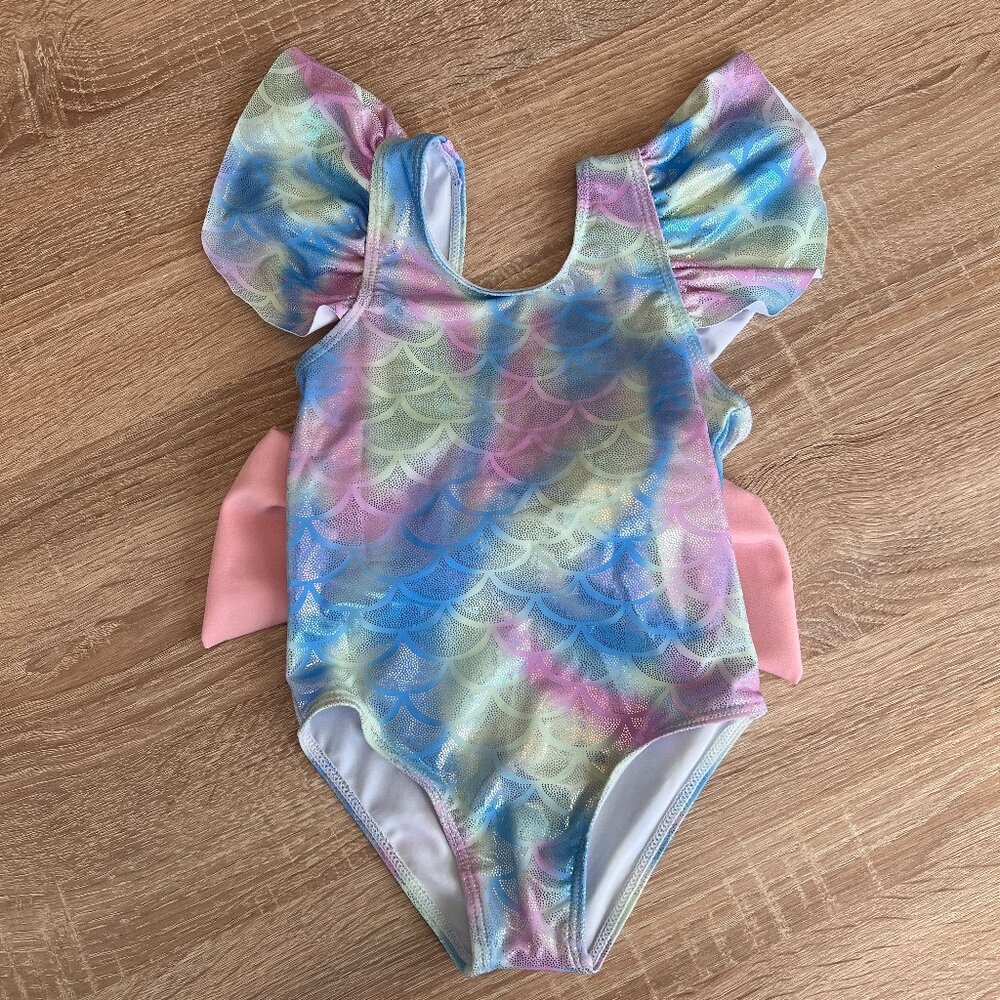 NWT Mia Belle one piece swimsuit mermaid pattern with bow size 2/3T